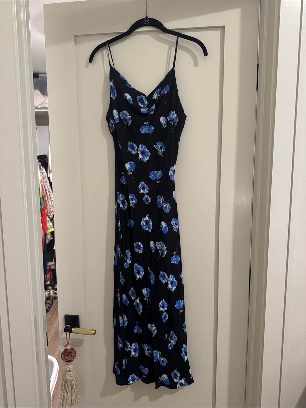 Mango Black Midi Slip Dress with Blue Floral Print